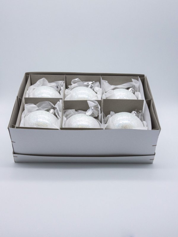 Glimmer Christbaumkugel in weiß mit 8 cm im Karton